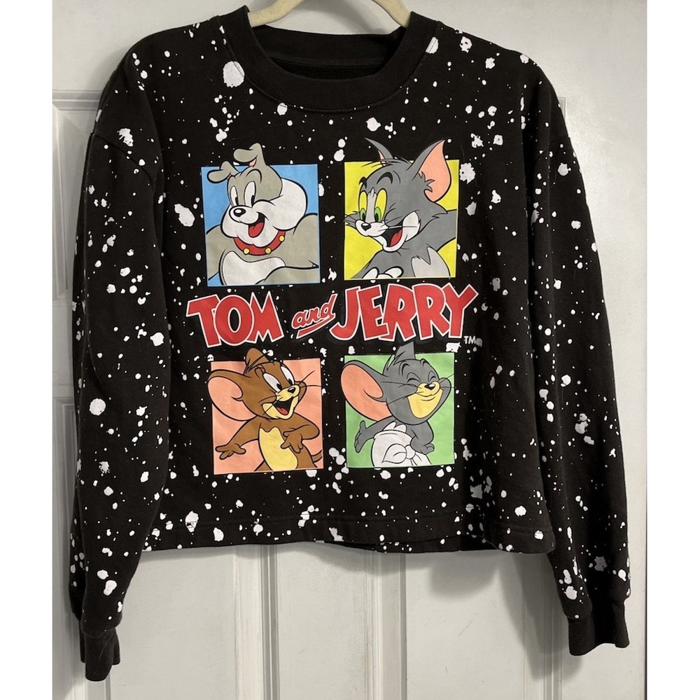 Tom And Jerry Sweatshirt Womens XL Paint Splatter Crop Vtg 2000s